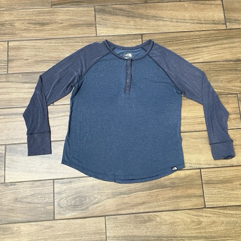 The North Face Womens Medium Blue Henley Long Sleeve Raglan Casual Shirt Top